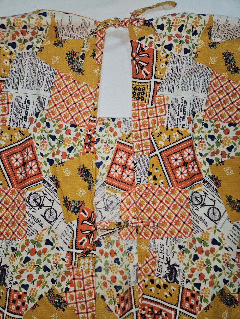 Women's 70s Patchwork Newspaper Print Tunic Top Apron Jacket in Mustard & Orange - Picture 9 of 14